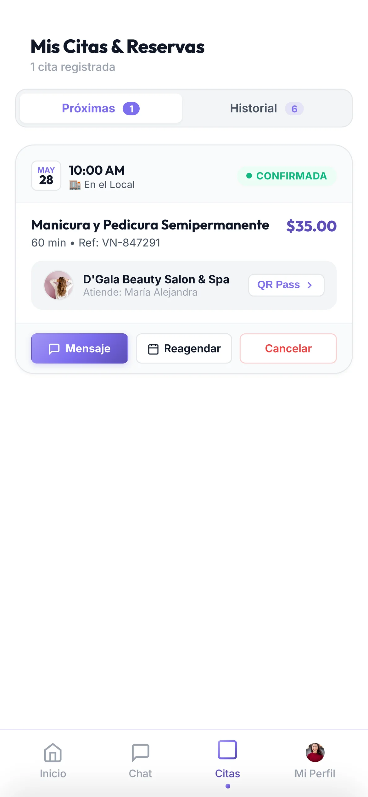 App de clientes: la cita reservada con su Vanidioza Pass y el código QR.