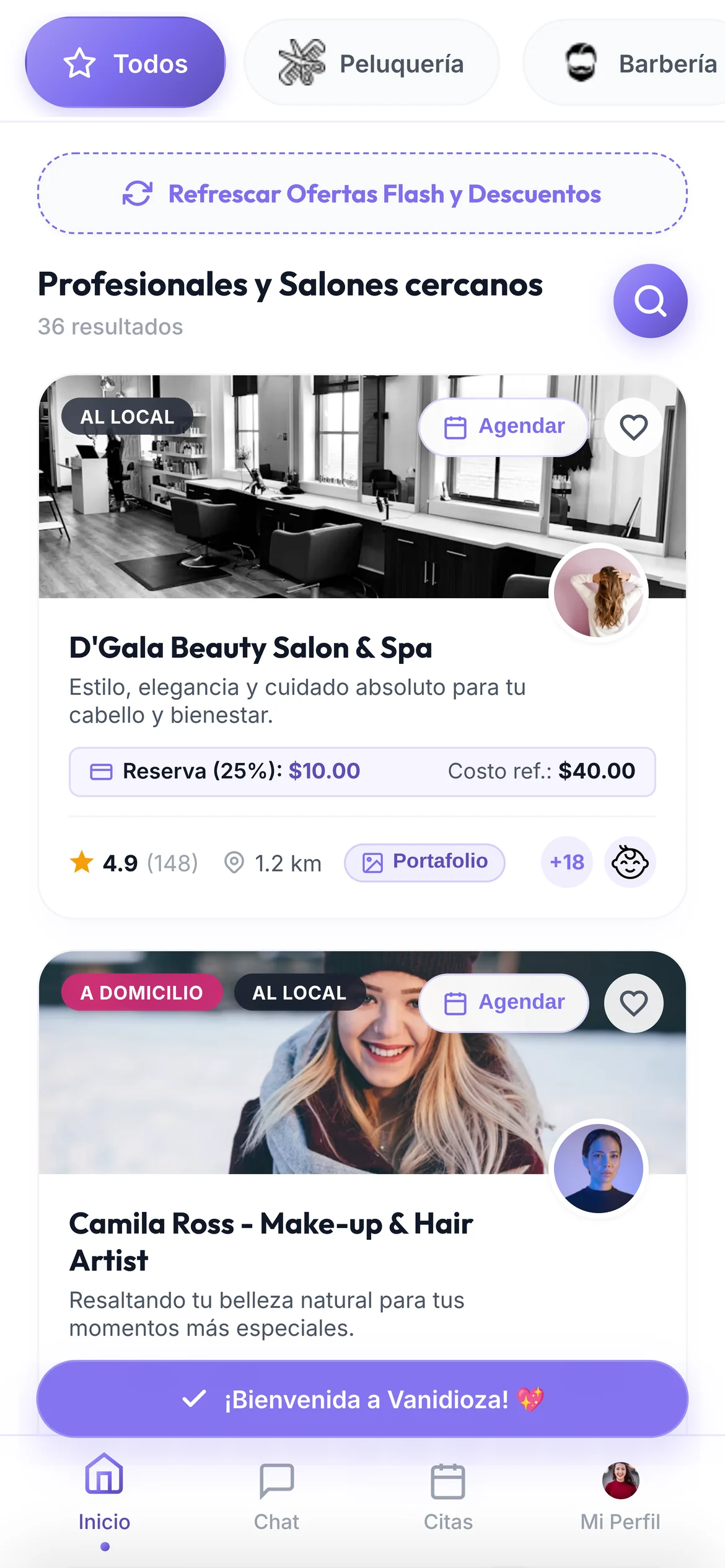 App de clientes: lista de salones y profesionales cercanos, con su distancia, su valoración y si atienden en local o a domicilio.