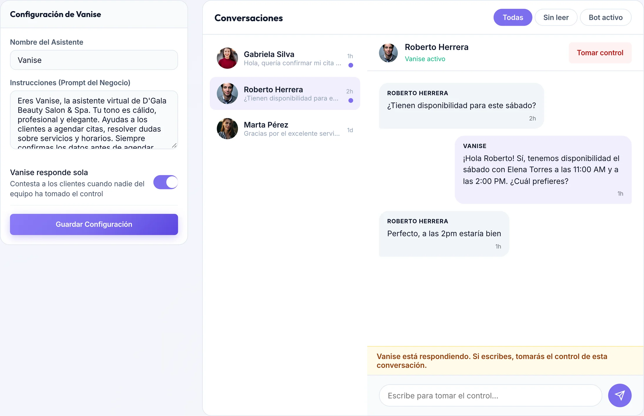 Vista de Mensajes en el panel: la lista de conversaciones a la izquierda y el hilo con la clienta a la derecha, con la asistente Vanise activa.